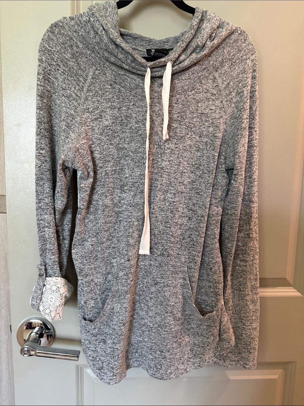 Miss Chievous Gray Hooded Pullover with Lace Cuff M